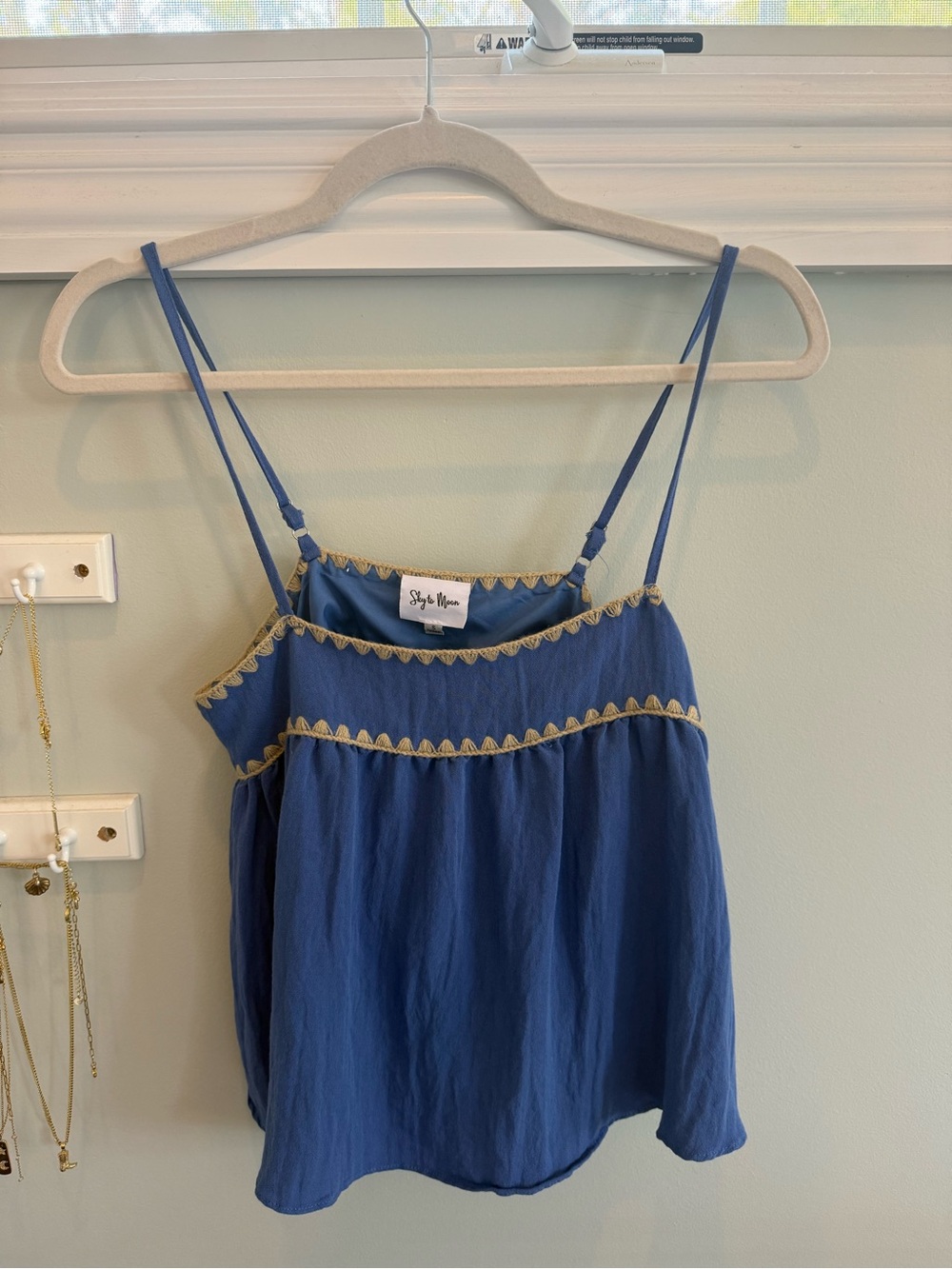 Blue Spaghetti Strap Tank with Gold Trim